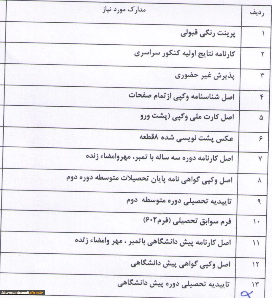 مدارک مورد نیاز