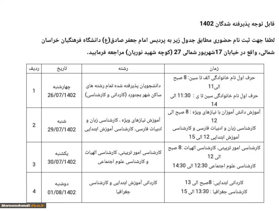 فهرست مدارک مورد نیاز جهت ثبت نام حضوری  و زمان مراجعه حضوری در پردیس امام جعفر صادقع(خواهران) 2