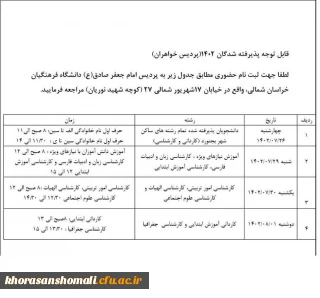 اطلاعیه پردیس خواهران در خصوص زمانبندی مراجعه حضوری پذیرفته شدگان 1402